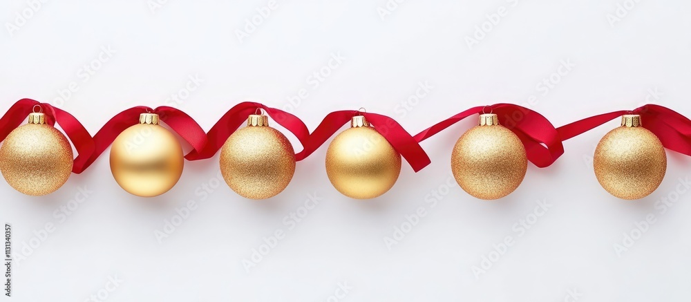 Aufkleber golden christmas ornaments with red ribbons arranged elegantly on a white background creating a fest
