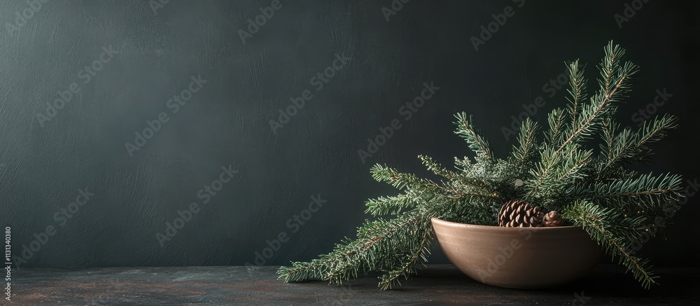 Aufkleber serene christmas still life with spruce branches and pine cones in a bowl on a rustic table against 