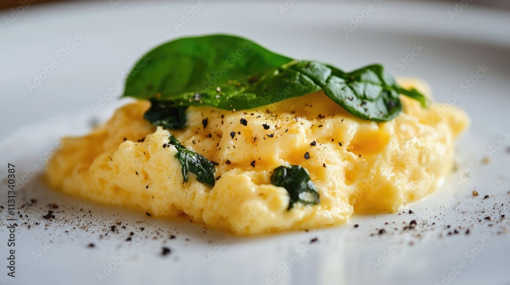 Poster scrambled eggs with spinach and cheese garnished on a white plate showcasing a delicious breakfast o