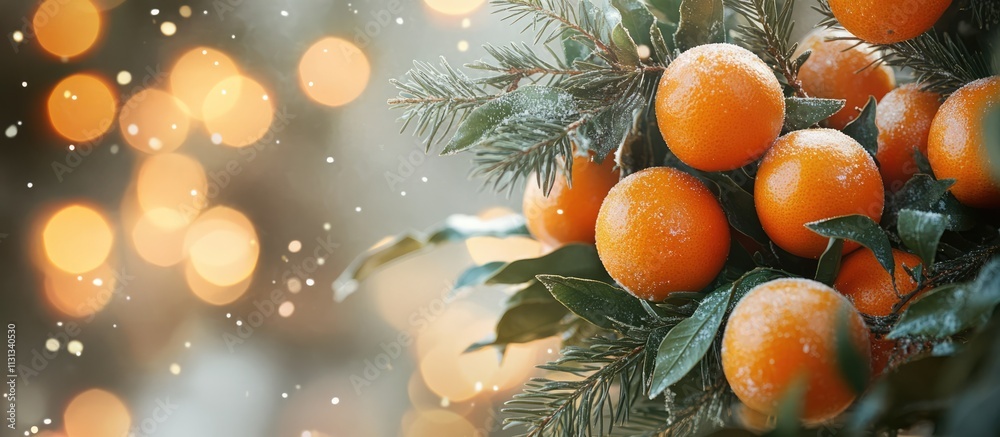 Aufkleber Festive winter backdrop of tangerines and fir branch wreath adorned with snowflakes and bokeh lights for holiday themes