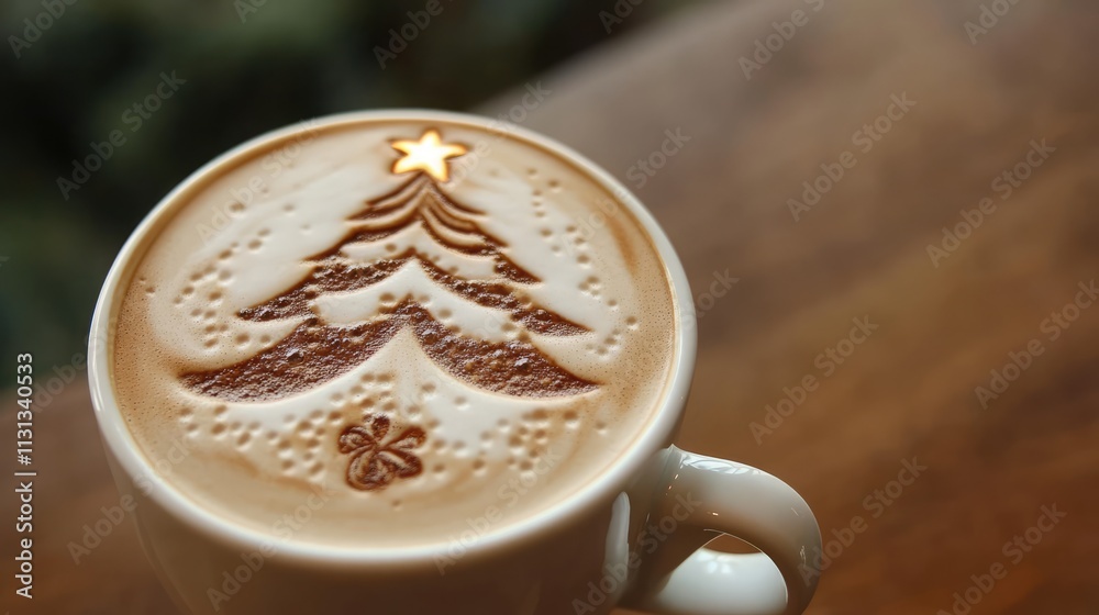 Poster latte art featuring a christmas tree design on a coffee cup creating a festive winter atmosphere in 