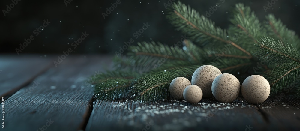 Poster elegant composition of fir branches and decorative balls on a rustic wooden surface creating a cozy 
