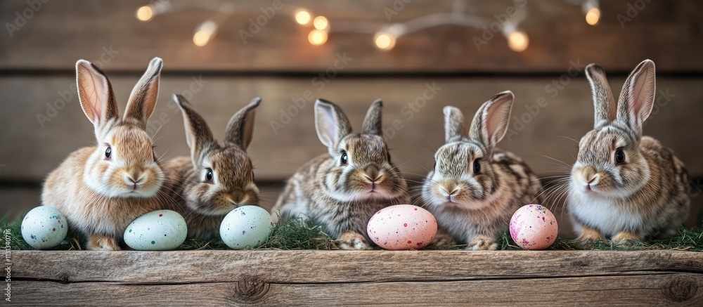Poster easter rabbits themed composition on a rustic wooden surface with colorful eggs showcasing a festive