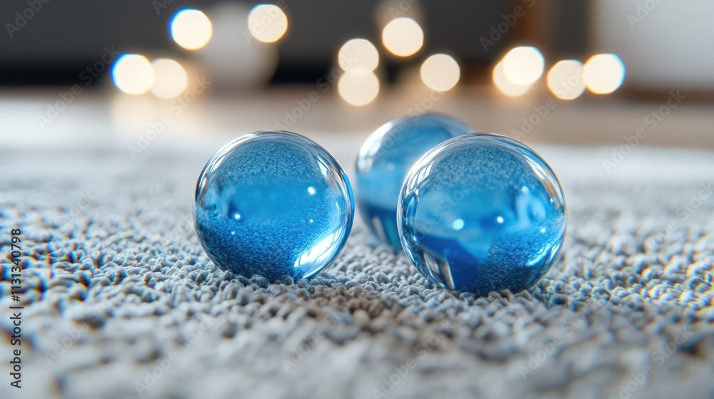 Poster blue glass christmas ornaments on soft carpet with blurred lights in the background creating a cozy 