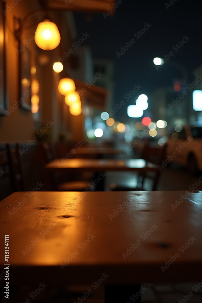 Poster a dimly lit cafe has a clean wooden table with a selective focus on the empty surface at night._0000