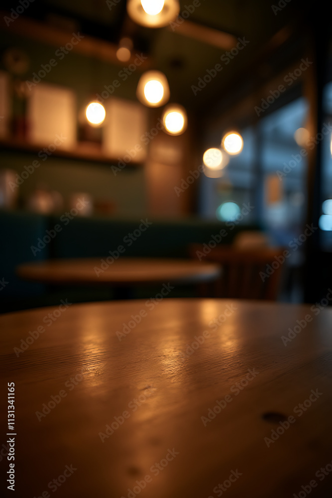 Poster a dimly lit cafe has a clean wooden table with a selective focus on the empty surface at night._0000