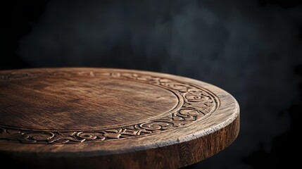 Rustic wooden table with intricate carvings and a dark moody background creating an atmospheric and artistic setting for food photography or still life compositions