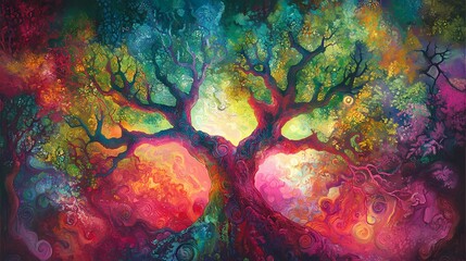 Vivid and Colorful Tree Artwork Radiating Life with Swirling Patterns and Rich Hues in a Dreamlike Environment of Nature's Beauty