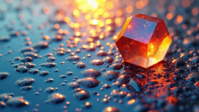 Split light rainbows. Colorful refraction through a large hexagrid of pyramidal glass sculptures in an open atrium