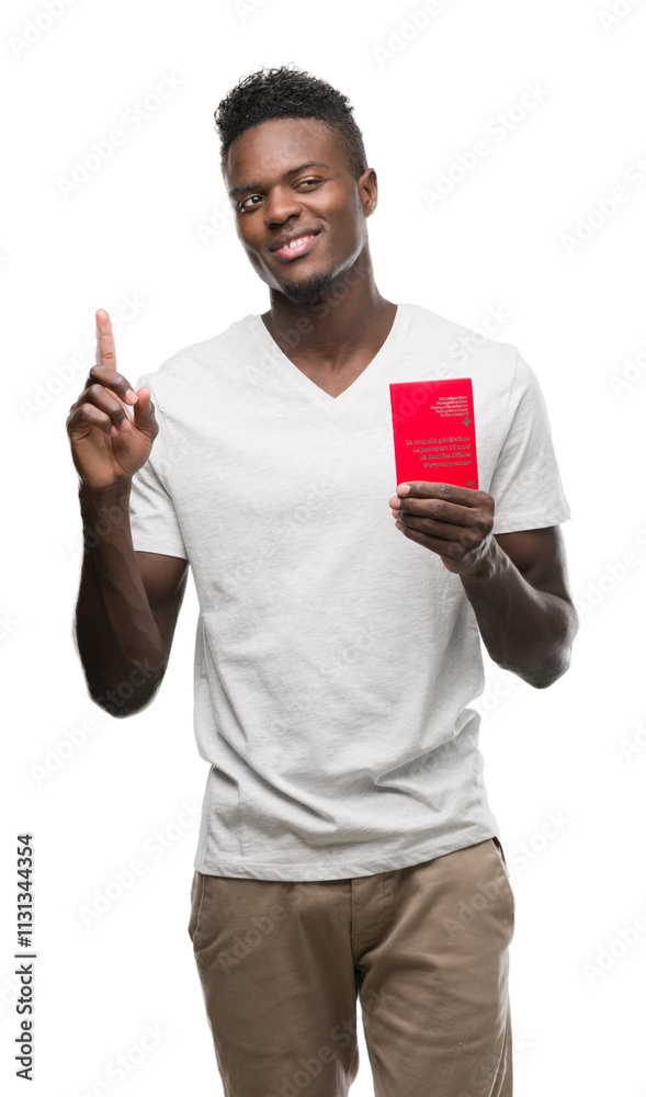 Canvas Prints Young african american man holding passport of Switzerland surprised with an idea or question pointing finger with happy face, number one