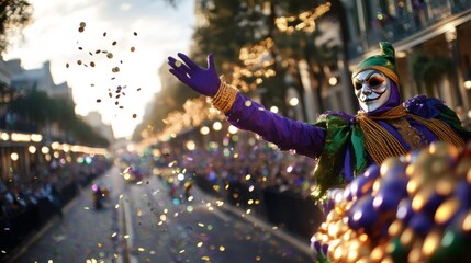 mardi gras celebration, new orleans hosts a lively mardi gras parade with colorful floats, masked performers tossing beads, coins, and cheering crowds