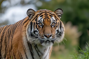 Obraz premium A tiger is standing in a grassy area with its head held high