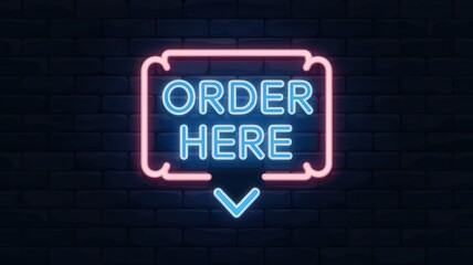 Obraz premium Neon ORDER HERE in pink, blue, and red on dark background