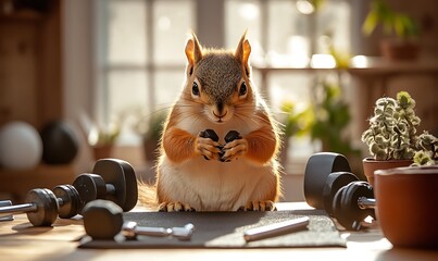 Obraz premium Red Squirrel Posing With Small Dumbbells For Exercise