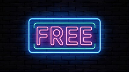 Obraz premium Neon FREE FREE in bright green letters on dark background