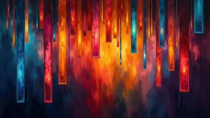 Split light rainbows. Long row of triadic prisms in a sunlit corridor, projecting multicolored light across the floor