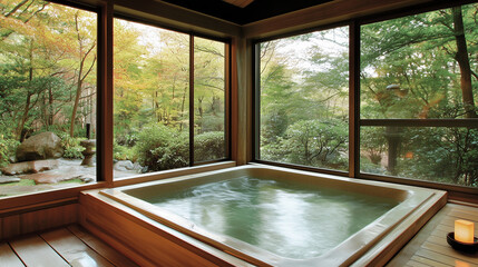 A Japanese-inspired onsen with a soaking tub overlooking a zen garden