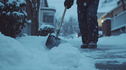 Person is shoveling snow with a snowplow. The snow is white and fluffy, and the person is wearing a red coat. The scene is peaceful and serene, with the snow covering the ground