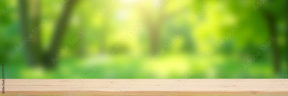 Poster a blank wooden tabletop with a blurred green garden view in the background is ideal for product disp