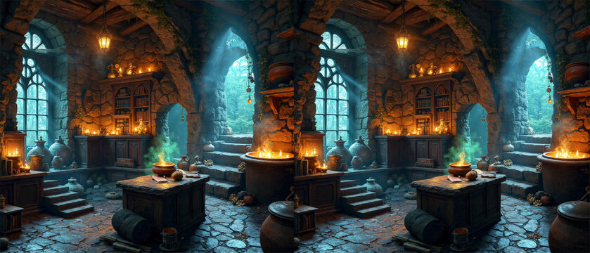Side by side stereoscopic 3D image of a gothic fantasy hall with teal stained glass and burning cauldrons
