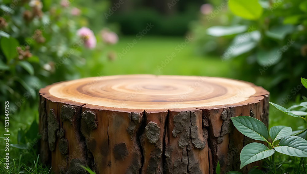 Poster a beautifully weathered tree stump serves as a unique and rustic tabletop amidst a lush green garden