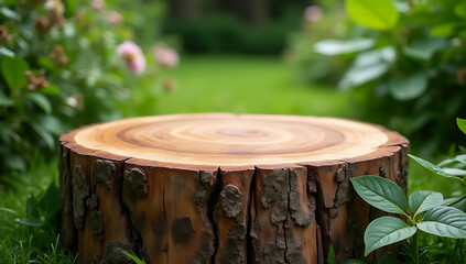 Fototapeta premium A beautifully weathered tree stump serves as a unique and rustic tabletop amidst a lush green garden backdrop for product display._00001_
