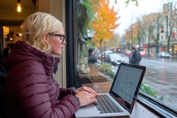 Small business owner creates a strategic business plan in a cozy cafe during a rainy autumn day while surrounded by city life