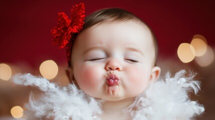 Fototapeta premium Adorable baby making a playful kissy face with festive decorations