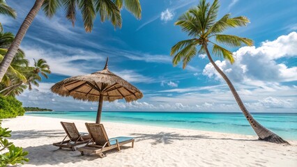 Fototapeta premium Serene Tropical Beach with Palm Trees, Loungers, and Turquoise Water V9