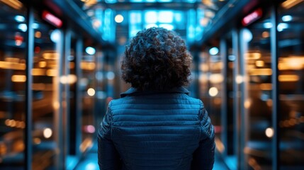 Fototapeta premium The image portrays a figure standing in modern elevator space, illuminated by a mesmerizing interplay of lights, conveying a sense of anticipation and urban energy.