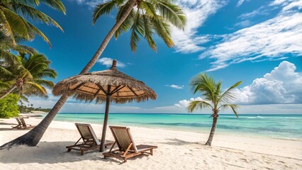 Serene Tropical Beach with Palm Trees, Loungers, and Turquoise Water V10