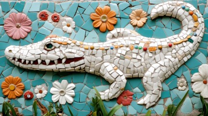 Fototapeta premium Colorful mosaic of a crocodile surrounded by vibrant flowers