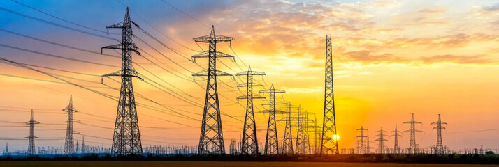 High voltage electricity tower sky sunset landscape,industrial background