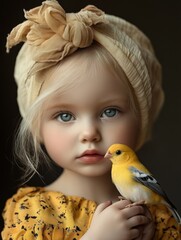 Fototapeta premium Young girl with a yellow canary, showcasing innocence and beauty