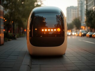 Obraz premium Futuristic Driverless Ride-Sharing Vehicle Ensuring Passenger Safety at Night