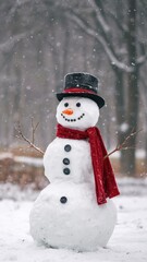Fototapeta premium Cheerful snowman in winter night scene with falling snowflakes