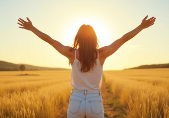woman stands tall arms outstretched bright sunny landscape representing personal liberation