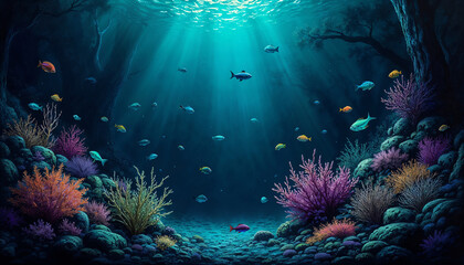 Fototapeta premium Underwater scene with luminous coral and tropical fish