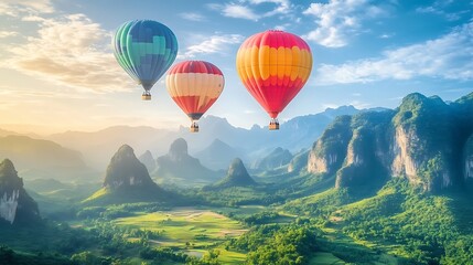 Naklejka premium A vibrant, colorful hot air balloons over a clear, sunny sky 
