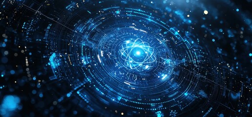 Futuristic digital background featuring a glowing atomic energy design