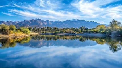 Serene landscape of a river reflecting mountains and clouds under a clear blue sky.