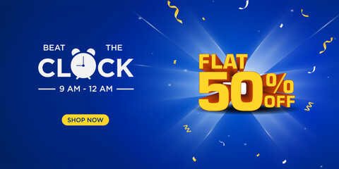 Blue promotional banner design with 'Beat the Clock' theme, featuring bold 50% off text, clock icon, vibrant rays, and confetti elements. Perfect for sales, discounts, and offers. 50% off Sale Banner.