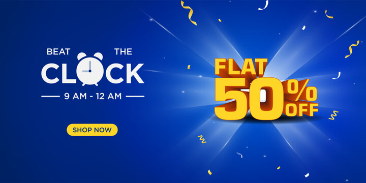Blue promotional banner design with 'Beat the Clock' theme, featuring bold 50% off text, clock icon, vibrant rays, and confetti elements. Perfect for sales, discounts, and offers. 50% off Sale Banner.