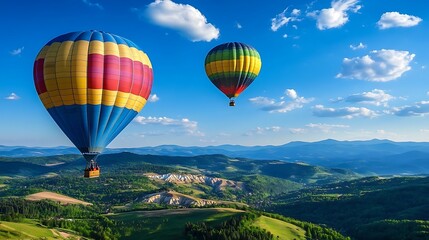 Naklejka premium A vibrant, colorful hot air balloons floating over a scenic landscape