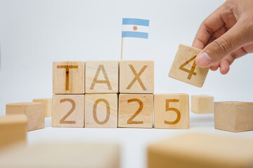 Wooden Blocks Depicting Tax 2025 with Hand and Argentine Flag