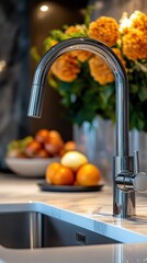 Modern Stainless Steel Pull-Down Kitchen Faucet on Countertop with Fresh Fruit and Flowers, Ideal for Contemporary Kitchens
