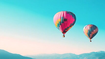 Fototapeta premium A vibrant, colorful hot air balloons floating over a mountain valley with a clear area for text