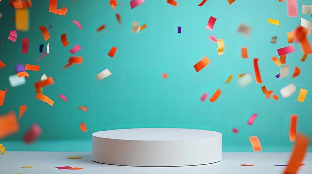 Vibrant confetti falling over a blank pedestal, perfect for celebrations and showcases.