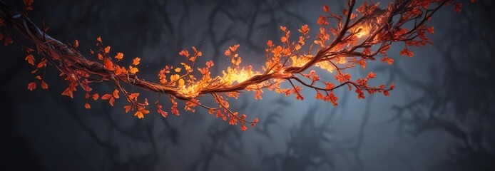 Ethereal flame curling around a delicate branch, ethereal, warm, natural