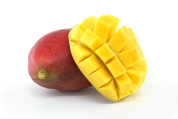 Fresh Mango With Vibrant Yellow Cubes Isolated on White Background
